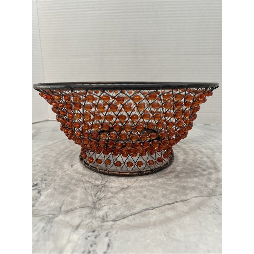 Vintage Handcrafted Metal Beaded Decorative Bowl Basket Translucent Beads